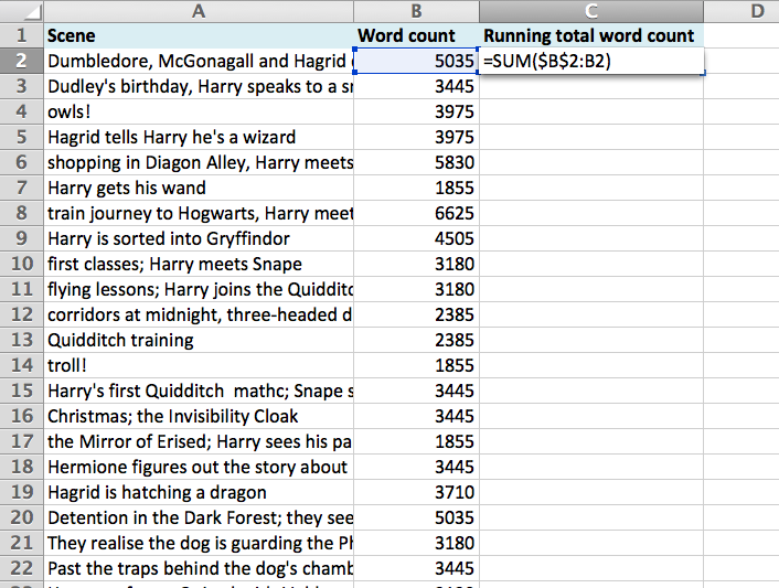 screenshot of a scene list in Excel